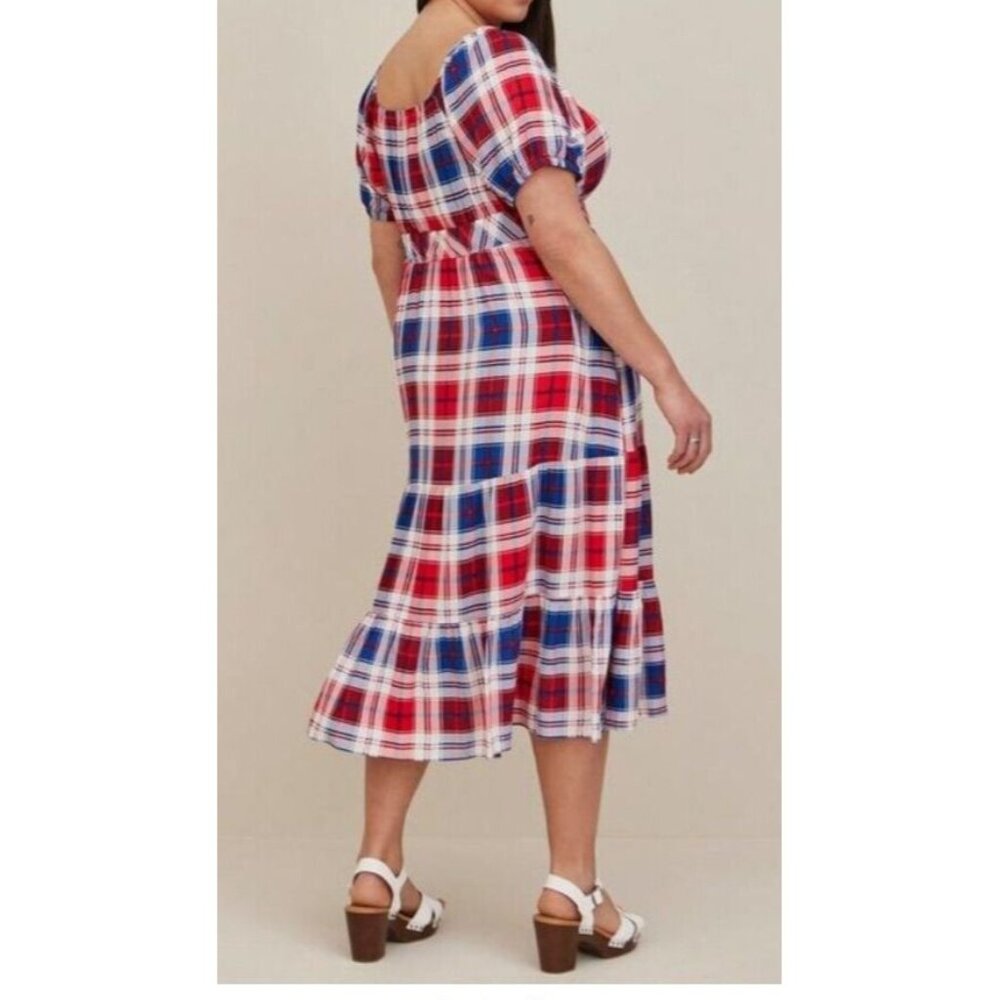 Torrid Puff Sleeve Tiered Challis Plaid Red White & Blue Prairie Maxi Dress 1X - Picture 10 of 16